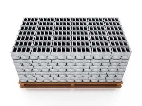 Stack of gray construction bricks standing on wooden base. 3D illustration.