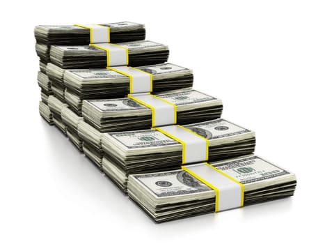 Lots of dollars forming a staircase. 3D illustration.