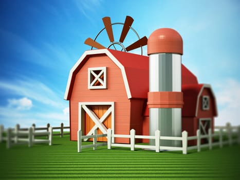 Farmhouse with windmill and silo standing on green area. 3D illustration.