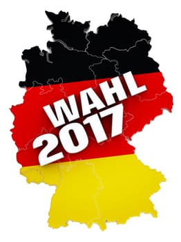 Wahl 2017 text on Germany map textured with German flag. 3D illustration.