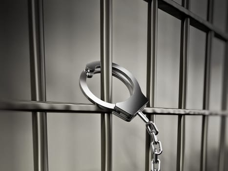 Handcuffs attached to metal prison bars.3D illustration.