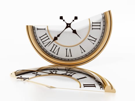 Vintage clock split in half. 3D illustration.
