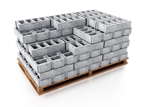 Stack of gray construction bricks standing on wooden base. 3D illustration.