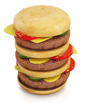 Triple sized hamburger isolated on white background. 3D illustration.