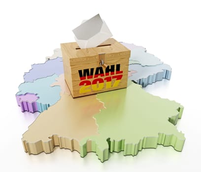 Ballot box on Germany map divided into regions. 3D illustration.