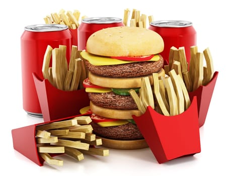 Triple sized hamburger, french fries and soda. 3D illustration.