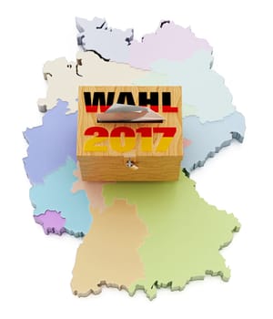 Ballot box on Germany map divided into regions. 3D illustration.