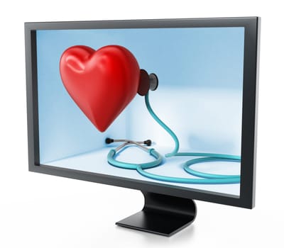 Stethoscope and red heart inside the screen. 3D illustration.