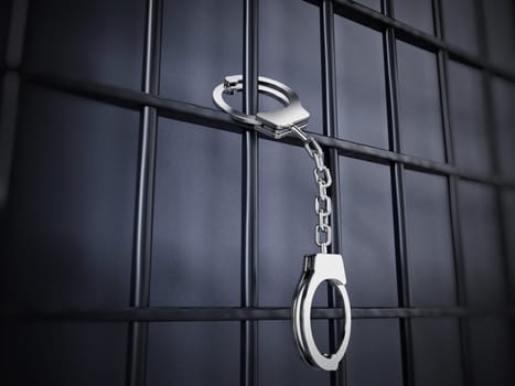 Handcuffs attached to metal prison bars.3D illustration.