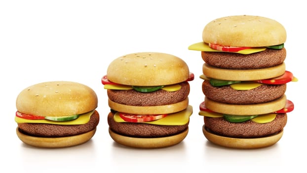 Standard, double and triple sized hamburgers in a row. 3D illustration.