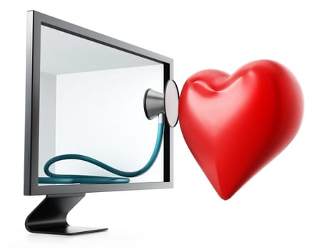 Stethoscope and red heart inside the screen. 3D illustration.