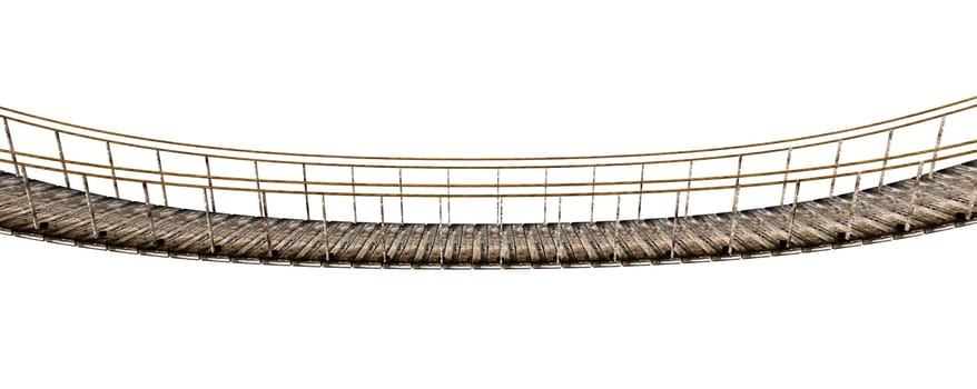 Old wooden suspended bridge isolated on white background. 3D illustration.
