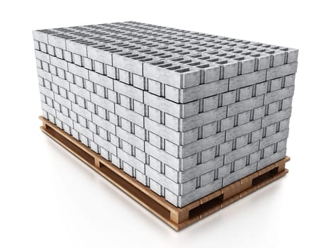 Stack of gray construction bricks standing on wooden base. 3D illustration.
