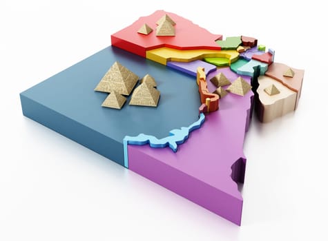 Egypt map with regions and pyramids. 3D illustration.