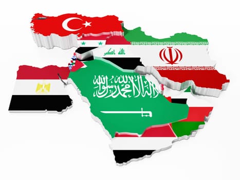 Middle East countries covered with country flags. 3D illustration.