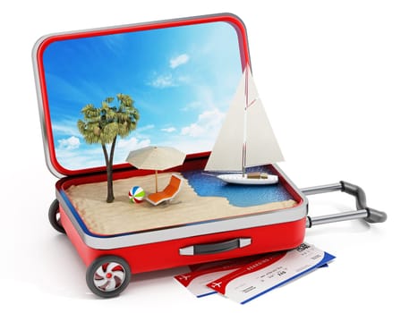 Holiday island inside half open travel suitcase. 3D illustration.
