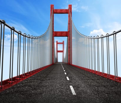 Road level view from suspension bridge . 3D illustration.