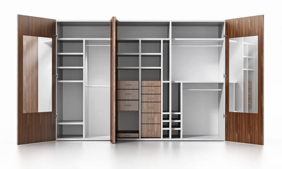 Empty wardrobe isolated on white background. 3D illustration.