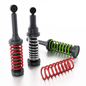 Spare car dampers and springs isolated on white background. 3D illustration.