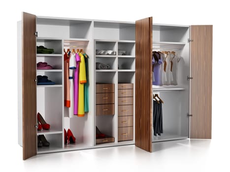 Wardrobe with clothes and accessories isolated on white background. 3D illustration.