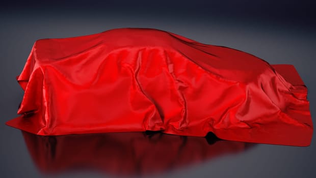 Car covered with red cloth. 3D illustration.