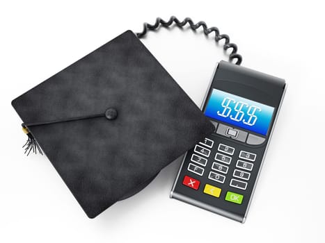 Education expenses concept with calculator connected to mortarboard. 3D illustration.