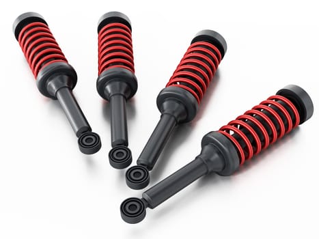 Spare car dampers and springs isolated on white background. 3D illustration.