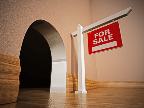 For sale signboard in front of mousehole. 3D illustration.