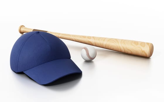 Baseball cap, ball and bat isolated on white background. 3D illustration.