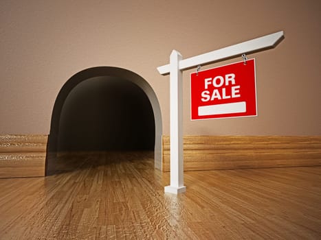 For sale signboard in front of mousehole. 3D illustration.