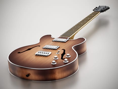 Vintage electric guitar standing on gray background. 3D illustration.
