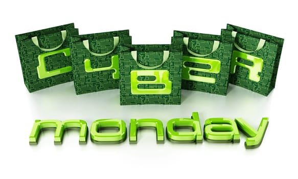 Cyber monday text on shopping bags. 3D illustration.