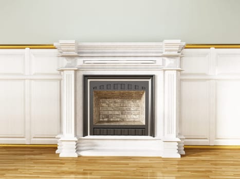 Classic styled empty white fireplace. 3D illustration.