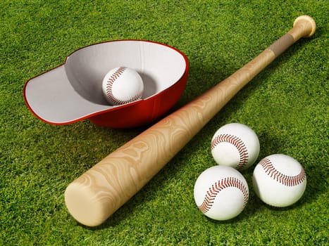 Baseball cap, ball and bat standing on grass field. 3D illustration.