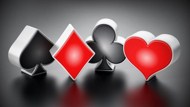 Playing card suits symbols standing on black background. 3D illustration.
