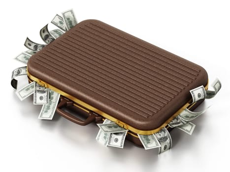 Dollar piles inside briefcase isolated on white background. 3D illustration.