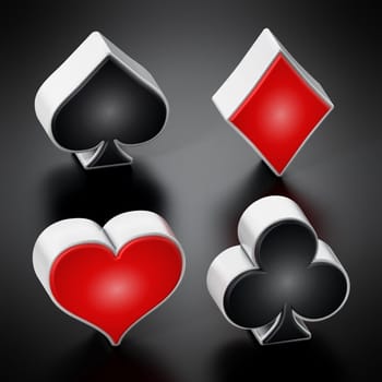 Playing card suits symbols standing on black background. 3D illustration.