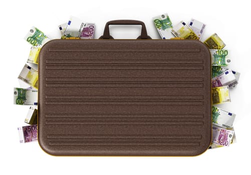 Euro piles inside briefcase isolated on white background. 3D illustration.