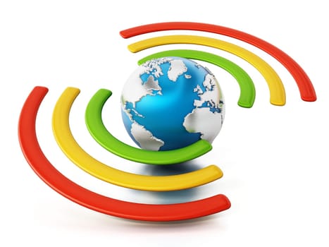 Wireless symbol around the blue earth. 3D illustration.