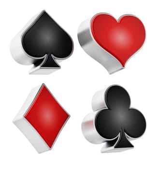 Playing card suits symbols isolated on white background. 3D illustration.