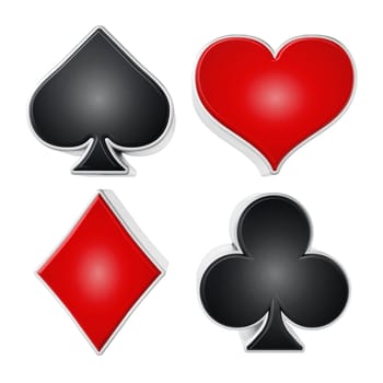 Playing card suits symbols isolated on white background. 3D illustration.
