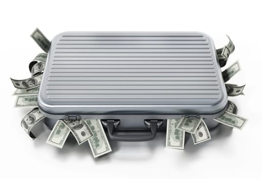 Dollar piles inside briefcase isolated on white background. 3D illustration.