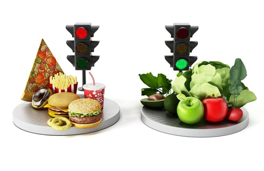 Green light for healthy food and red light for junk food. 3D illustration.