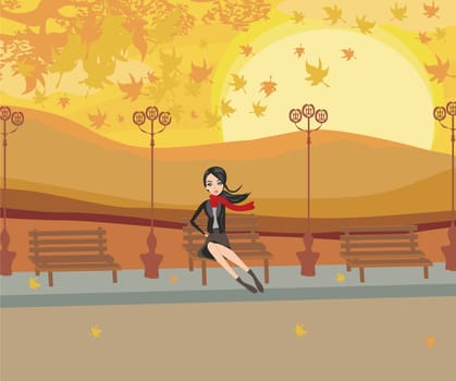 girl sitting on the bench in the autumn day