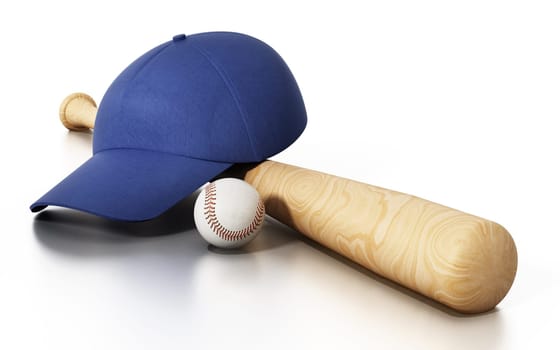 Baseball cap, ball and bat isolated on white background. 3D illustration.