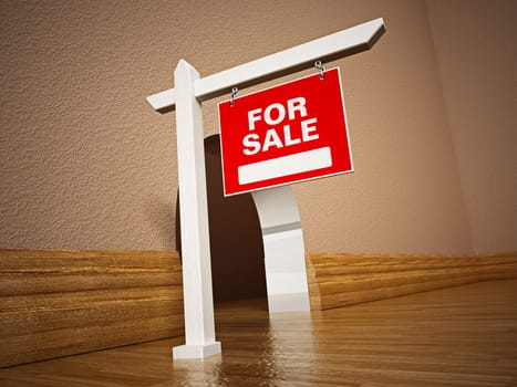 For sale signboard in front of mousehole. 3D illustration.