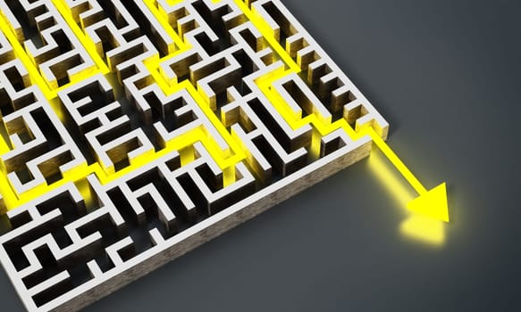 Yellow arrow successfully navigating trough the labyrinth. 3D illustration.