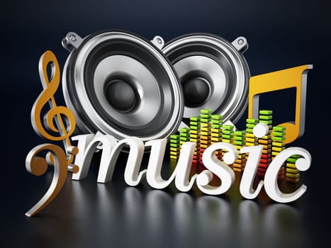 Music text speakers music notes and equalizer. 3D illustration.