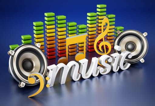Music text speakers music notes and equalizer. 3D illustration.