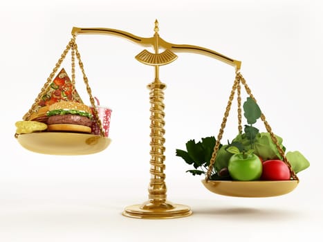 Healthy food and junk food in scales of a balanced scale. 3D illustration.